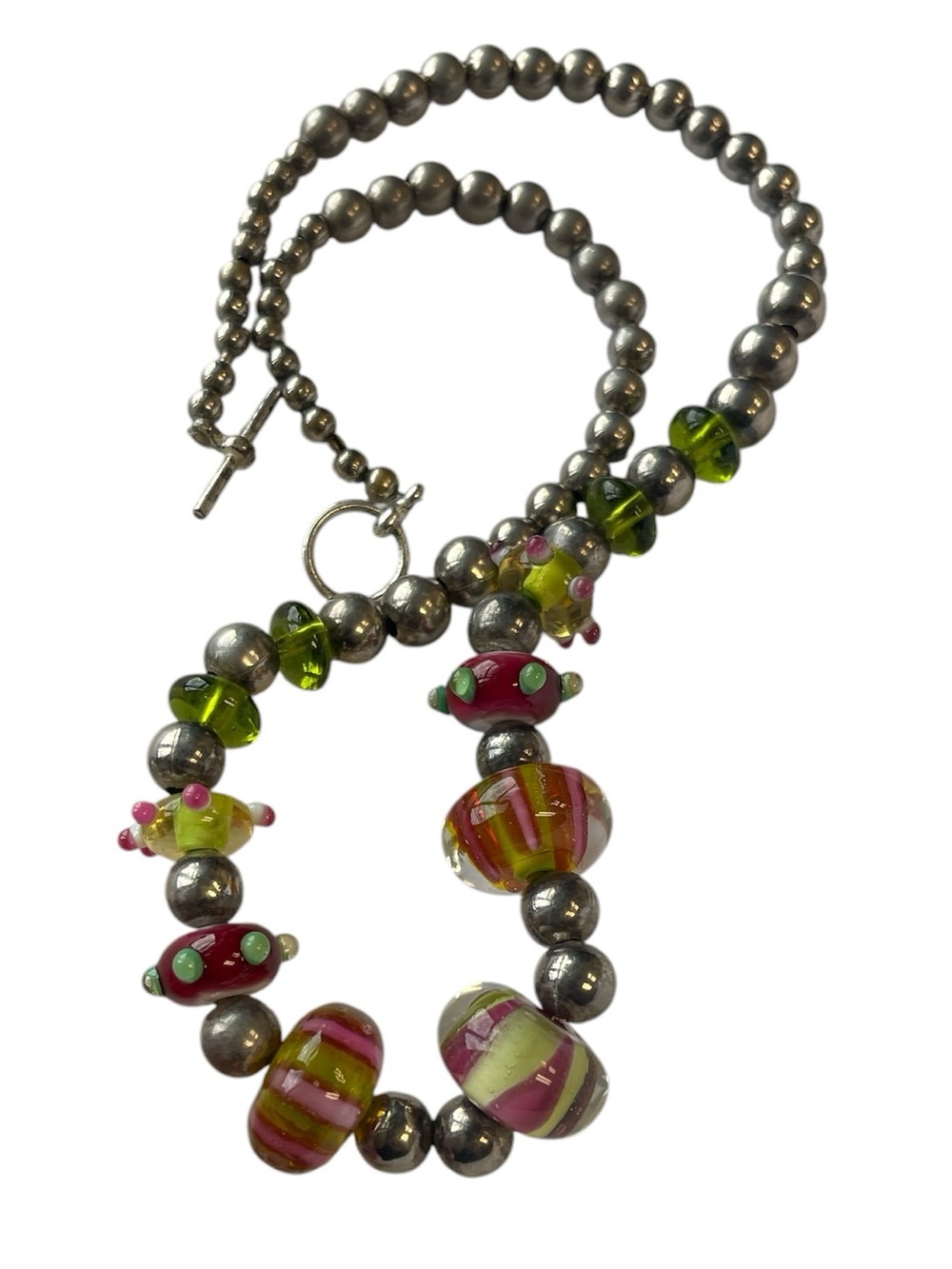 Multicolor Art Glass & Silver Tone Beaded Statement Necklace 18”